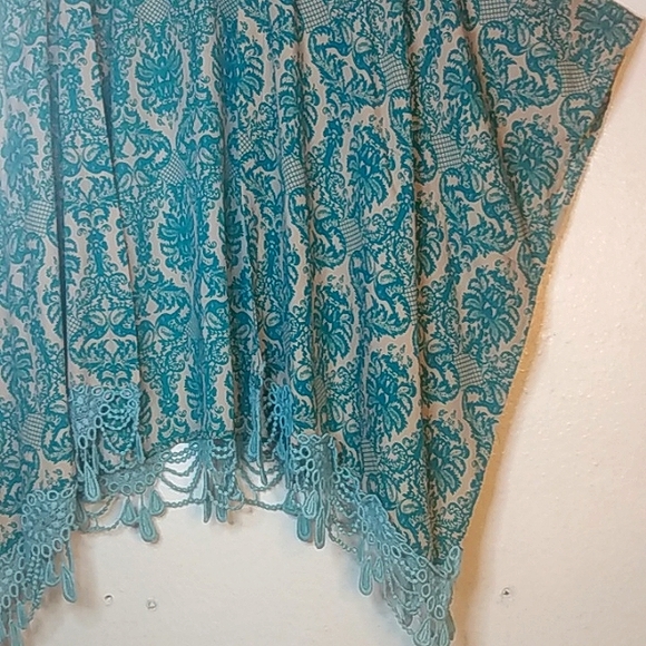 Emma's Closet Shawl Kimono Wrap teal tan print intricate chandelier fringe - Picture 6 of 13